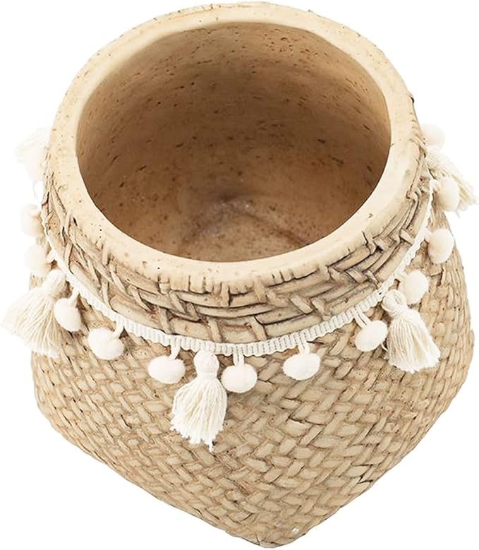 Set of 2 6.5x6.5x6 Brown Cement Planter with Woven Tassel Accent
