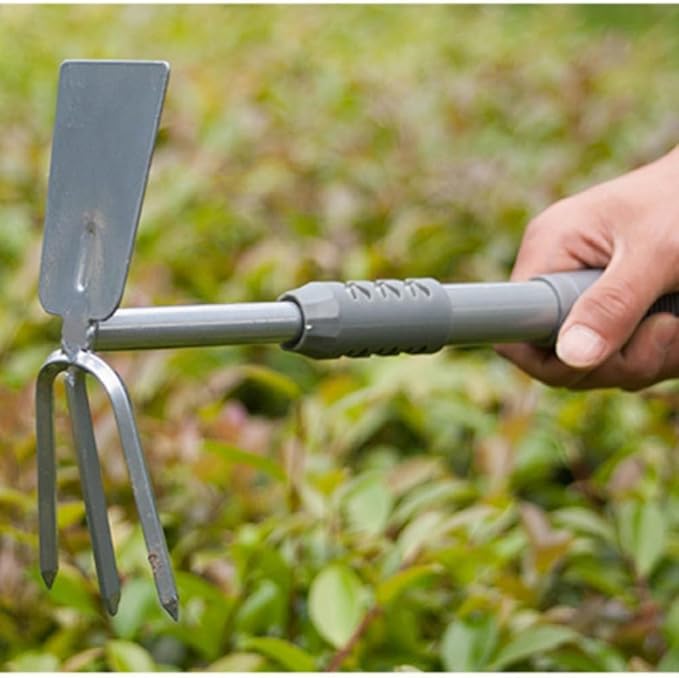 Garden Tool Set 4 PCS Heavy Duty Carbon Steel Gardening Tool Set with Non-Slip Rubber Grip Silver Rake Outdoor Hand Tools Set Beach Comb Tool Kit Gifts for Women and Men (Dual-Purpose Hoe)