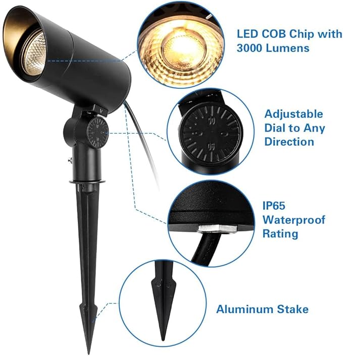 30W Outdoor Spot Lights Dusk to Dawn 120V Outdoor LED Spotlight Plug in with Photocell Sensor 5000K Waterproof Bright Flag Pole Light for Yard Tree Garden Landscape Lighting with Stake 6FT Cord
