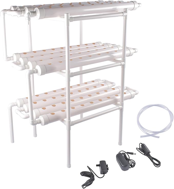 Floor-Standing Hydroponic Grow Kit 3 Layer 108 Plant Sites 12 Food-Grade PVC-U Pipes Hydroponics Planting System with Water Pump Pump Timer Nest Basket and Sponge for Leafy Vegetables