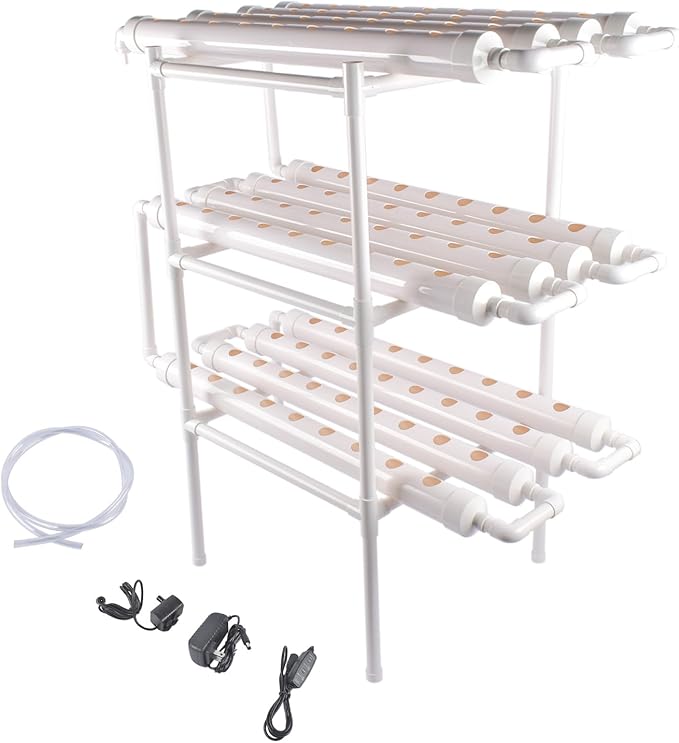 Floor-Standing Hydroponic Grow Kit 3 Layer 108 Plant Sites 12 Food-Grade PVC-U Pipes Hydroponics Planting System with Water Pump Pump Timer Nest Basket and Sponge for Leafy Vegetables