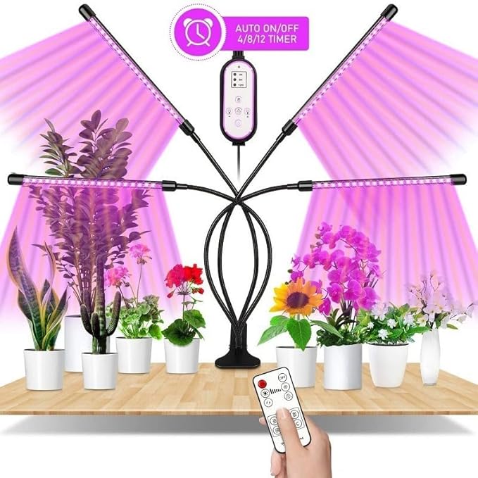 LED Grow Light 4-Head Plant Growing Lamp with Timer 9 Dimming Levels 3 Light Modes USB Powered Flexible Gooseneck (Red Blue Light)