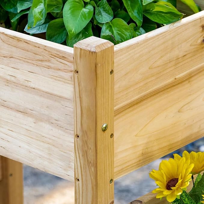 Raised Garden Bed with 3 Planter Box Elevated Wooden Plant Stand with Drainage Holes for Vegetables Herb and Flowers Natural