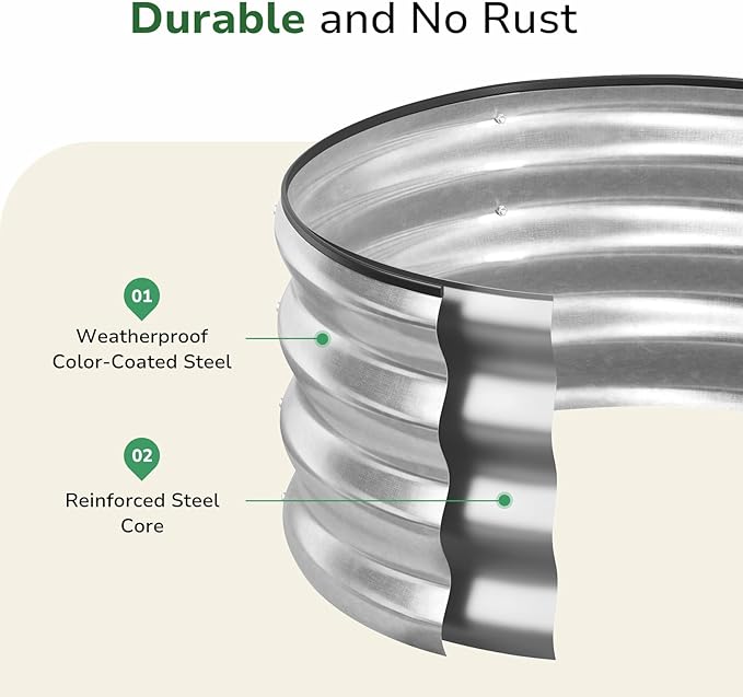 GreatBuddy 2x2x1 ft Round Galvanized Raised Garden Bed Easy-Assembly Raised Bed with Anti-Cut Gloves &amp Tools Rust-Proof Garden Bed for Outdoor Vegetables Herbs Small Trees Silver