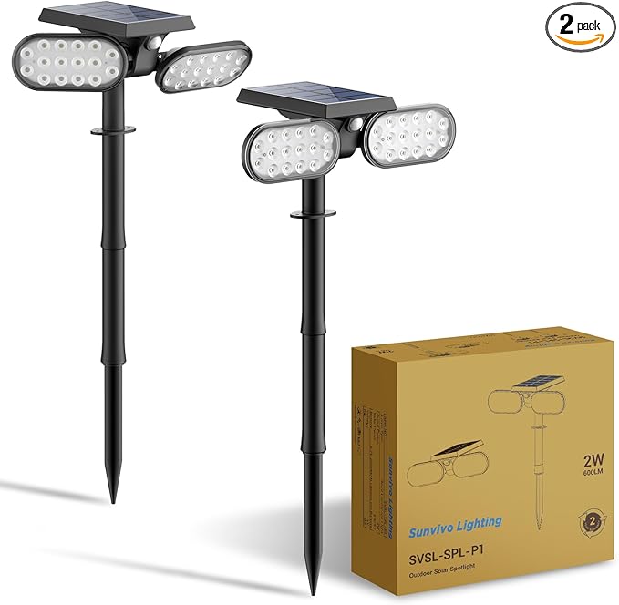 Sunvivo Motion Solar Lights OutdoorGround Spotlight or Wall Security LightMotion Sensor Stay On ModeDusk to Dawn FloodlightCordless360° Landscape Spotlight for Sidewalk Garage Driveway2-Pack