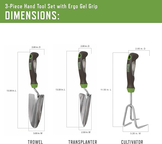 AMES 24450009 3-pc. Ergo Gel Grip Garden Tool Set with Hand Trowel Transplanter &amp Cultivator