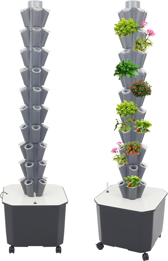 Vertical Hydroponics Growing Kit Modular Hydroponic Tower with Water Pump &amp Timer Function Mobile Hydroponic Growing Kit for Leafy Vegetables Strawberries &amp Chilies (Grey 10 Layer-50 Plant)