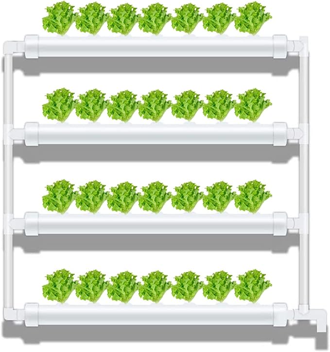 Wall Mounted Hydroponic Grow Kit 28 Plant Sites 4 PVC Pipes Hydroponics Growing System with Water Pump Water Culture Plant Growing System for Leafy Vegetables