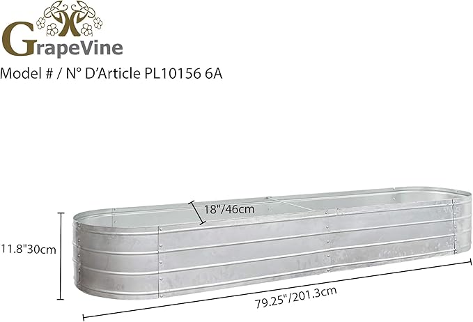 Grapevine Galvanized Steel Raised Garden Bed Oval 79IN Silver