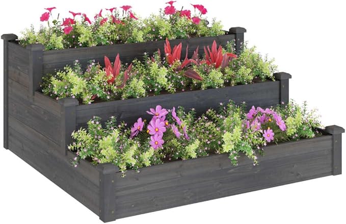 Grey Solid Fir Wood Raised Garden Bed 47.2x47.2x22.0 Inch Outdoor Planter Box for Vegetables Herbs Flowers Breathable Material Rustic Style