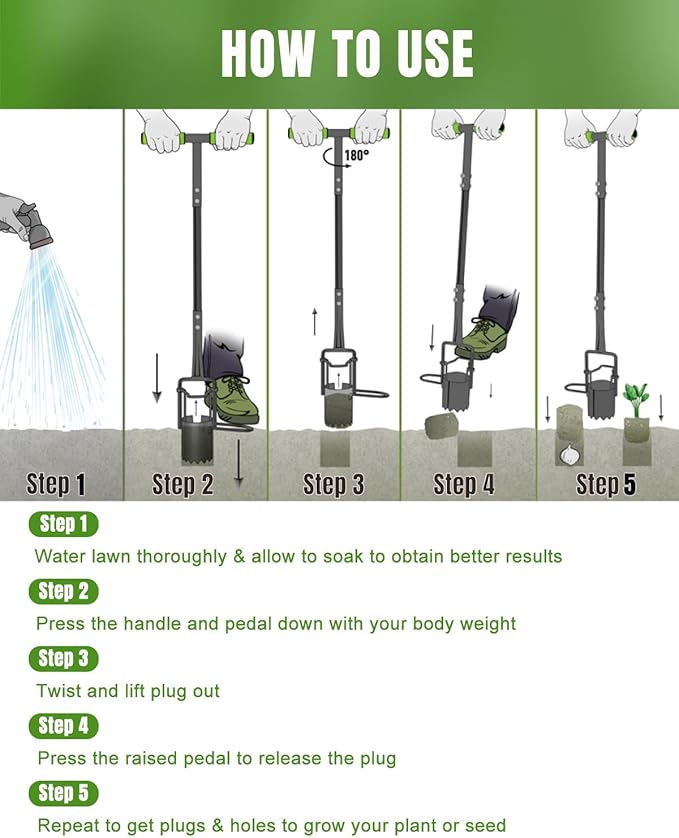Joyhalo Bulb Planter Tool Long Handle 30in Serrated Base 5 in 1 Lawn Tool Sod Cutter Grass Plugger Tool Weeding Transplanting Garden Hole Digger for Plants Flower Tulips Daffodils Lily