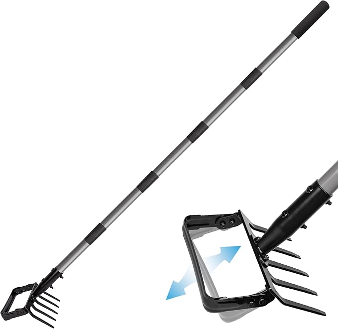 Suchtale 82 Inch Stirrup Hoe and 5-Tines Rake Action Hoe for Weeding 2 in 1 Scuffle Hoe with 37-82 Adjustable Handle Cultivator for Loosening Soil Loop Hoe for Garden Weeding and Planting
