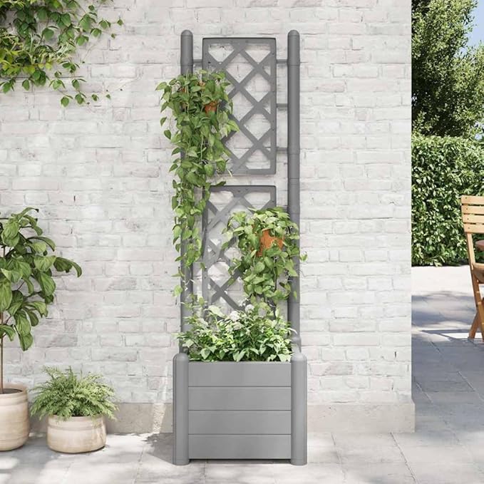 Large Garden Planter Stone Gray Polypropylene 7.9 Gallon Square Outdoor Planter with Trellis Weather Resistant for Patio Deck Balcony