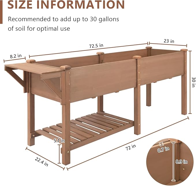 Raised Garden Bed with Legs Wooden Planter Box for Outdoor Gardening Elevated Garden Bed with Storage Shelf Hooks &amp Protective Liner for Vegetables Flowers Herbs (80x23x30 in Brown)