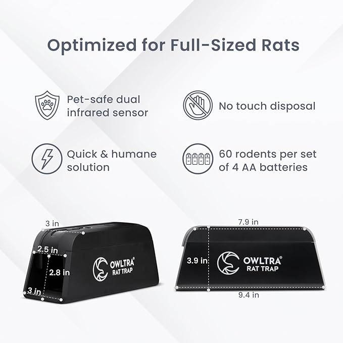 OWLTRA OW-1 Indoor Electric Rat Trap 2PCS Instant Kill Rodent Zapper with Pet Safe Trigger Black