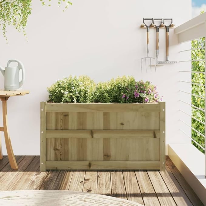 Garden Planter Natural Wood Treated Pine Wood 35.4x19.7x19.7 Inch Raised Garden Bed for Outdoor Plants Rectangular Planter Box