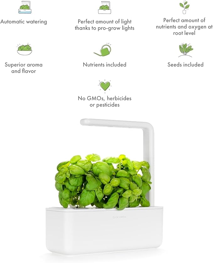 Click &amp Grow Indoor Herb Garden Kit with Grow Light | Smart Garden for Home Kitchen Windowsill | Easier Than Hydroponics Growing System | Vegetable Gardening Starter (3 Basil Pods Included) White