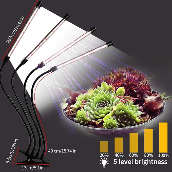 KAKAA Plant Grow Light with LED 10 Adjustable Brightness 4-Head Full Spectrum Grow Light for Indoor Plants Led Clip-on House Plant Growing Lamp for Seedlings
