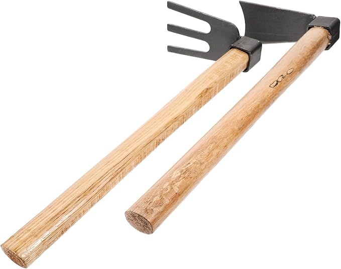 Garden Hoe and Steel Rake Set with Wooden Handles 2pcs Handheld Small Gardening Hoe and Flower Farming Rake for Outdoor Weeding and Soil Cultivating