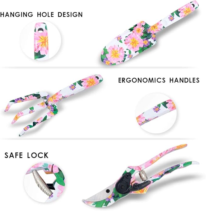 Gardening Gifts for Women3 PCS Floral Print Gardening Tools Pink Include Hand RakePruner and Trowel Pink Exquisite Packaging Garden Gifts for Mom and Ladies