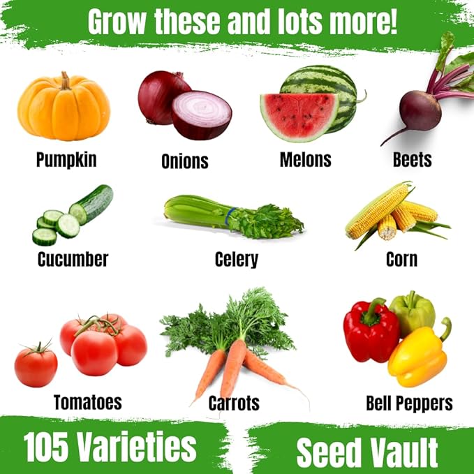 Survival Garden Heirloom Seeds Non GMO - 105 Varieties of Herb Fruit and Vegetable Seeds for Planting Home Garden Plus Seed Storage Organizer Vault - Non Hybrid Open Pollinated by Grow For It