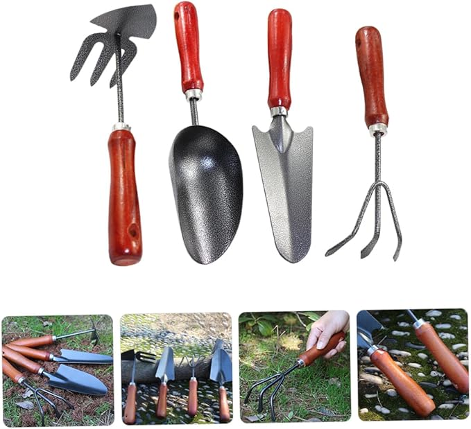 Artibetter 4pcs Mini Gardening Tool Set with Metal Shovel Narrow Spade 3-Prong Rake and Dual-use Hoe Hand Tools for Planting and Soil Scooping in Garden and Potted Plants