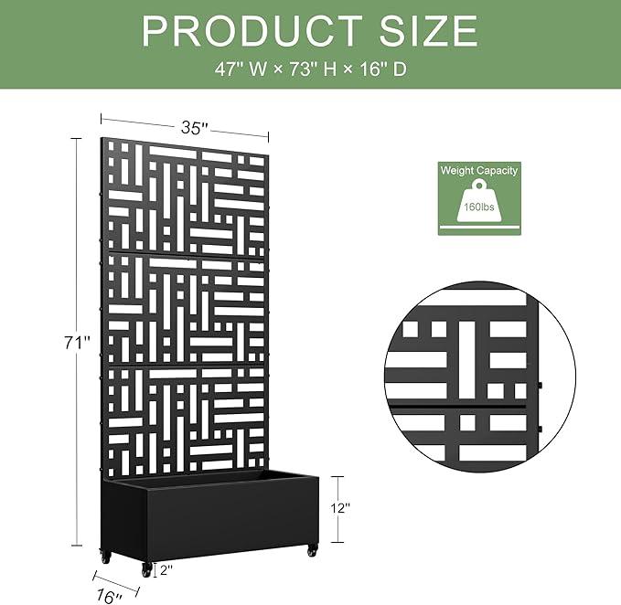 Casaphoria Metal Raised Garden Bed with Trellis and Wheels 72x35x16 Planter Box for Climbing Plants Vegetables &amp Vines Features Drainage Holes and Privacy Screen (Black-Helen)