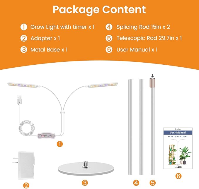 Grow Lights for Indoor Plants with Stand 2-Heads Full Specturm Plant Grow Light with 4/8/12/16H Timer 3 Color Modes 360° Flexible Gooseneck 24-68.7in Hight Adjustable Plant Growing Lamp