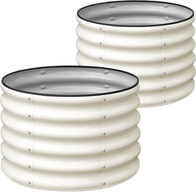 SnugNiture Raised Garden Bed 2 PCS 2×2×1.5ft Round Galvanized Outdoor Planter Box 17 Tall Deep Metal Garden Bed Kit for Planting Vegetables Fruits Flowers White