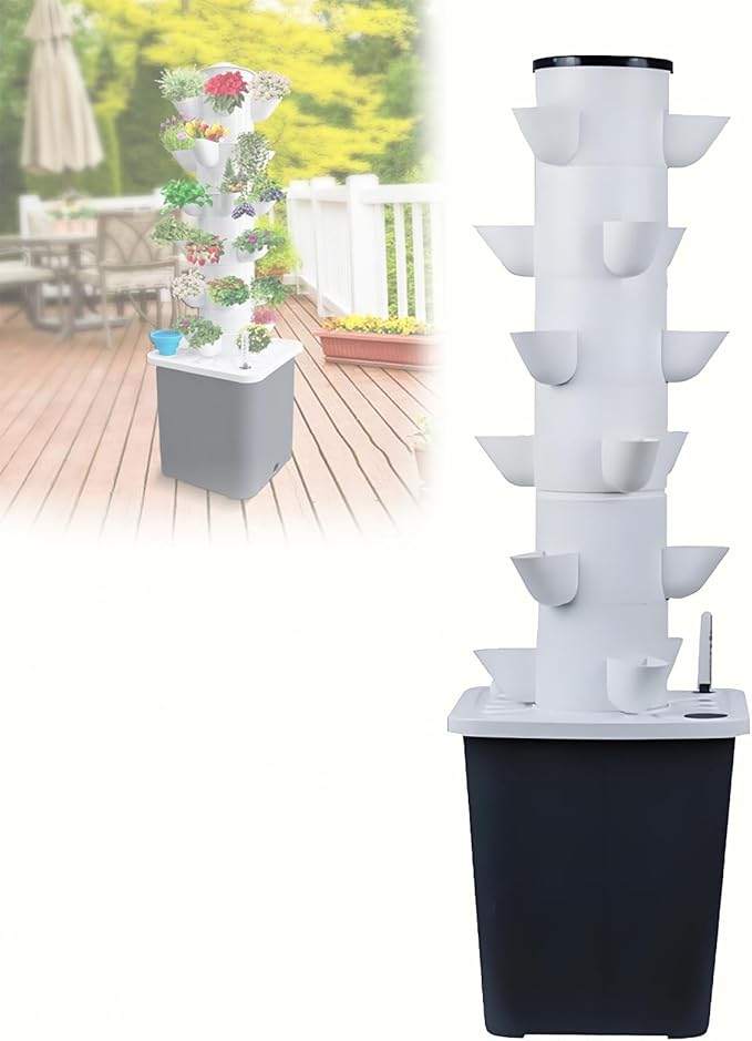 Hydroponic System Kit Vertical Hydroponic Tower Aeroponics Kit - Silent Water Pump Net Basin Adapter Indoor Herb and Fruit Cultivation 6layers18holes