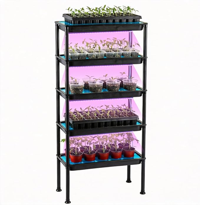 5-Tier Seed Starter Tray Plant Stand with Grow Lights - Hydroponics Growing System Ebb and Flow Seedbeds Siphoning Watering Designed for Nursery Cell Trays Plant Pots