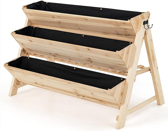 Giantex Raised Garden Bed Vertical Planter with Storage Shelf 3 Tier Elevated Planter Box with Side Hooks Indoor Outdoor Wood Garden Bed for Balcony Garden Lawn (Natural)