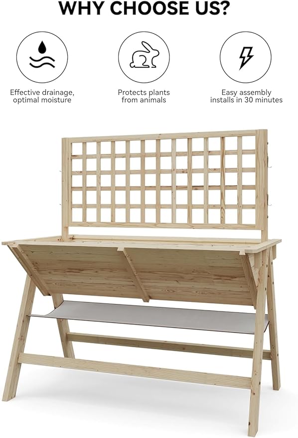 Raised Garden Bed with Legs 52x30x54In Wooden Planter Box with Trellis Outdoor Standing Vertical Horticulture Trellis Planter with Drainage Holes for Vegetables Flowers and Herbs Natural
