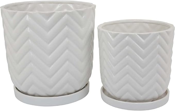 Planter Set of 2 Saucers Wave Patterns White Ceramic