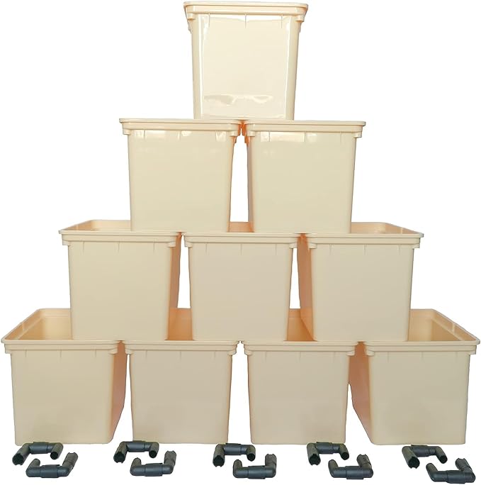 10-Pack Dutch Bucket Hydroponic System – Bato Buckets with Siphon Elbows – 11L (12 x 10 x 9) – Tan