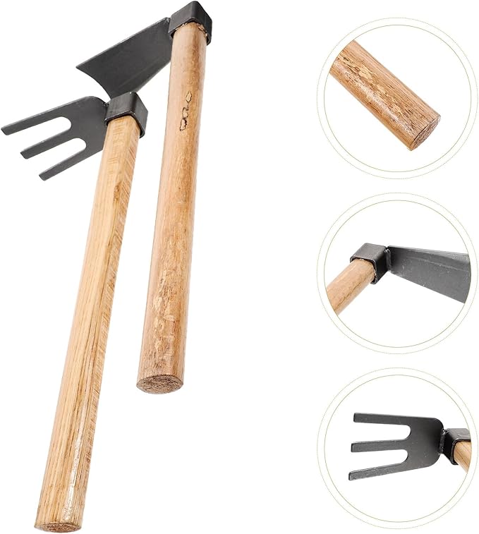 Yardwe 2pcs Garden Tool Set Handheld Small Hoe and Steel Rake with Wooden Handles for Outdoor Gardening Weeding Soil Loosening and Vegetable Planting