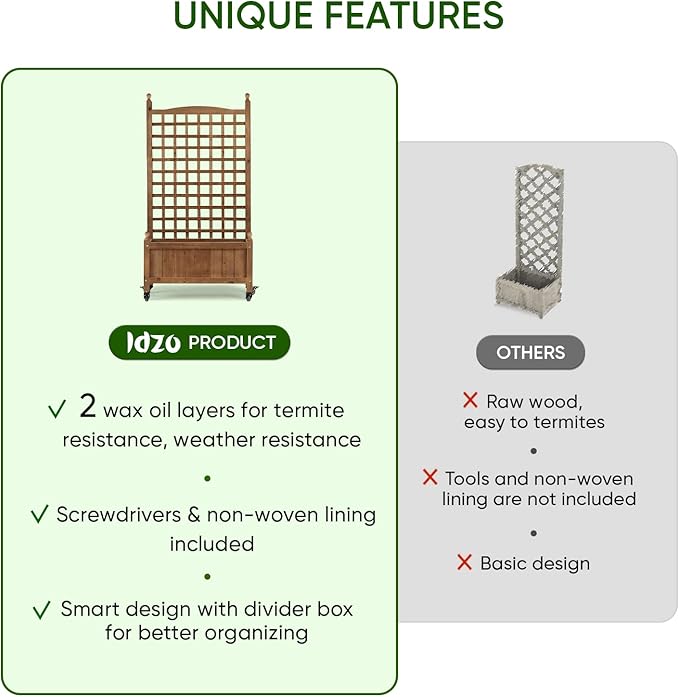 IDZO 50 Inches Height Raised Garden Bed with Trellis Durable Oil Coated Planter with Trellis Vertical Gardens Outdoors with Lockable Wheels and Convenient Non Woven Lining