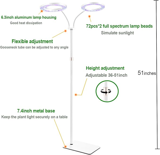 yadoker Desk Plant Grow Light for Indoor Plant Dual-Head LED Grow LightHeight AdjustableAutomatic Timer with 8/12/16 Hours10-Level BrightnessIdeal for Small Plant Grow