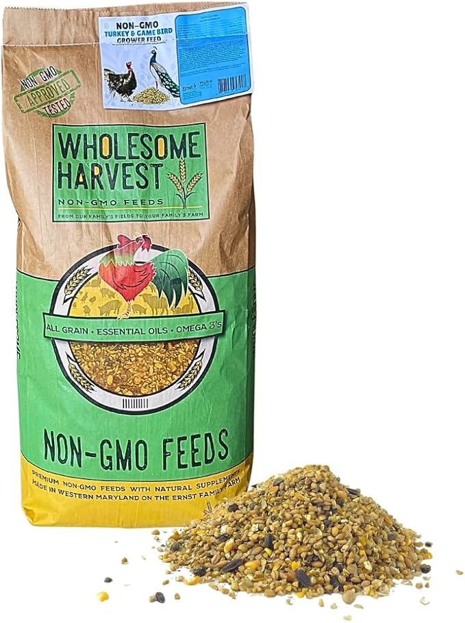 Non-GMO 40 lb Turkey Feed - Natural Peacock Game Bird &amp Bird Feed 24% High Protein Complete Food with Essential Oils Herbs Vitamins &amp Probiotics Formula for Healthy Flock Growth