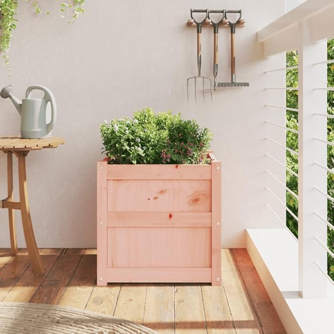 Garden Planter Natural Solid Douglas Fir Wood 19.7 inch Square Outdoor Raised Garden Bed Rustic Planter Box for Vegetables Flowers Herbs Patio Balcony