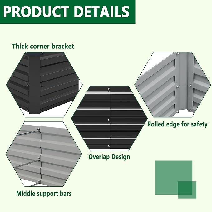 2 Pack 6x3x1FT Galvanized Raised Garden Bed Kit Outdoor Metal Planter Box for Vegetables Bottomless Rectangular Gardening Bed with Support Rods Tool-Free Assembly Black