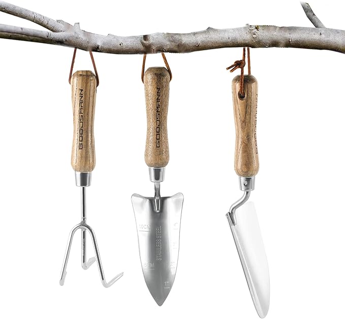 GOODSMANN Garden Tools Set 3 Piece Stainless Steel Gardening Kit Hand Trowel Marker Measurements Transplanter and Cultivator Garden Hand Shovel for Digging Weeding Planting Turning Soil