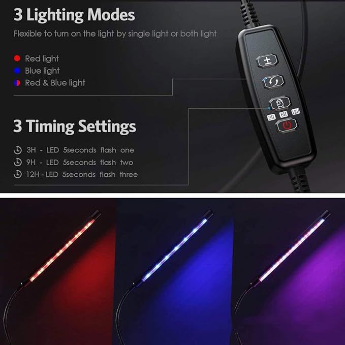 2-Pack Grow Lights for Indoor Plants Full Spectrum Three Head Clip-on Plant Lamp with Full Spectrum &amp Red Blue Spectrum 3/9/12H Timer 9 Dimmable Levels Suitable for Indoor Plants Growth