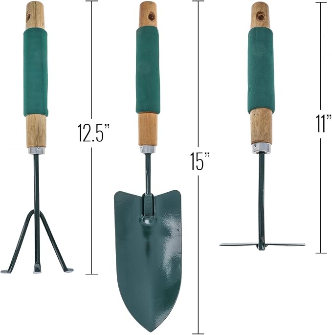 Wooden Steel Handheld Garden Tools Set Rake Shovel Hoe 3 Pieces