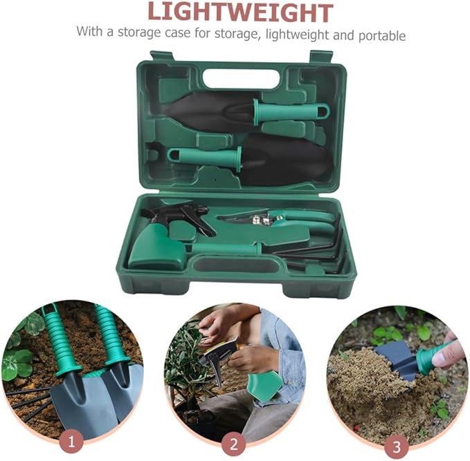 Wakauto 5pcs Gardening Tool Set with Garden Shovels Handle Rake and Pruning Shears in Portable Carry Case for Outdoor Planting and Garden Maintenance