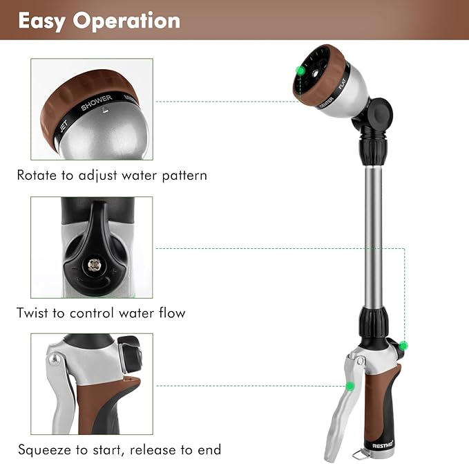 RESTMO Metal Watering Wand Heavy Duty Garden Hose Wand with 180° Swivel Ratcheting Head 16'' Hose Nozzle Sprayer with 7 Spray Patterns and Flow Control for Water Hanging Baskets and Shrubs Brown