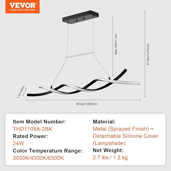 VEVOR Modern Chandelier Light Fixtures 24W Dimmable LED Pendant Light with Remote Control Silicone Lampshade 3000K / 4000K / 6500K Color Temperature Adjustable Ceiling Lamp for Kitchen Dining Room