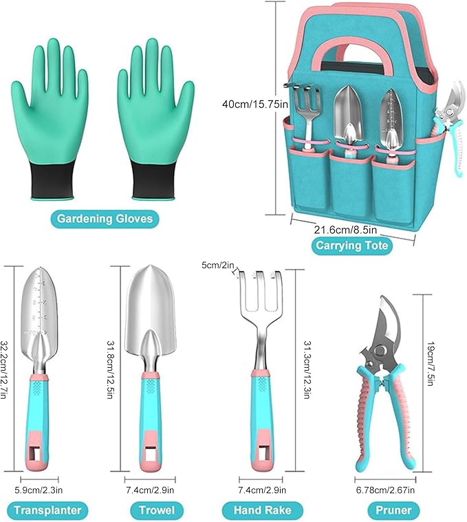Garden Tool Set - Planting Gloves Trowel Rake Sturdy Hand Tools with Carry Tote Indoor Outdoor Lawn Backyard Patio Balcony Greenhouse Easy Gardening Kit for All Skill Levels