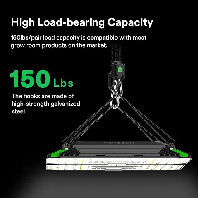 VIVOSUN Outdoor LED Grow Lights and 6-Pair 1/8 Inch Adjustable Grow Light Hanger Heavy Duty Rope Hanger with Reinforced Metal Gears 8Ft. Long and 150 lbs Weight Capacity Rope for Grow Light