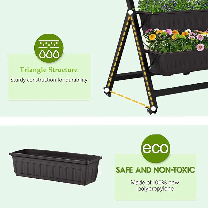Homdox 2 Pack Elevated Garden Bed 5-Tier Freestanding Vertical Raised Bed for Gardening 5 Garden Planter Boxes &amp 5 Hooks Perfect to Grow Vegetables Herbs Flowers Outdoor Indoor Black with Whee
